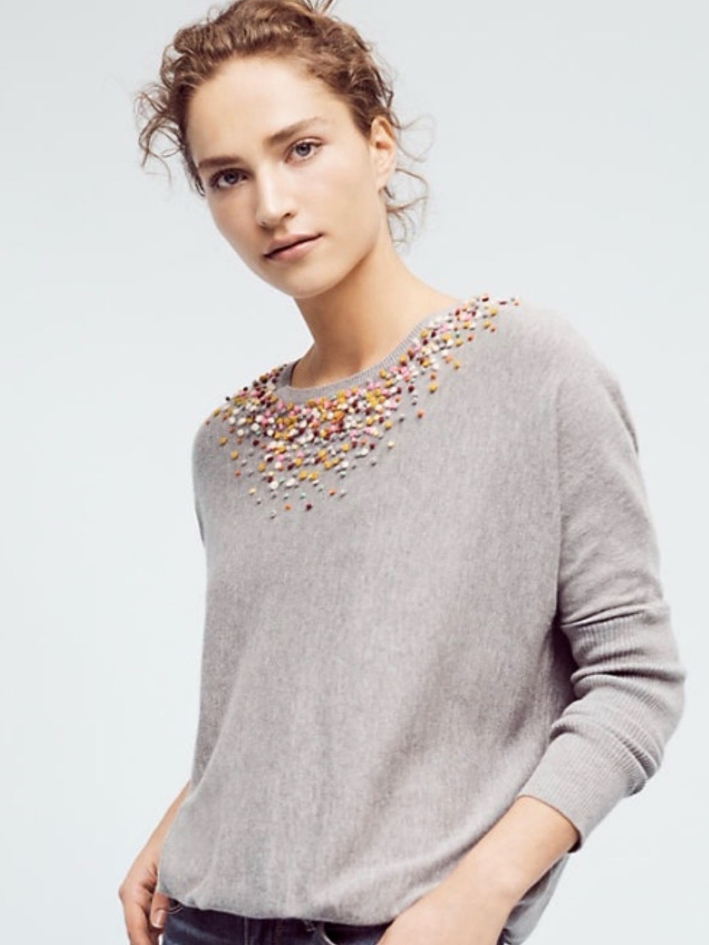 Angel of the North Anthropologie Pom Pom Cotton Cashmere Sweater Gray Size M
